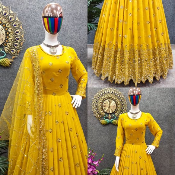 GEORGETTE HEAVY WEDDING WEAR GOWN SET WITH SEQUENCE EMBROIDERY WORK AND DUPATTAA - Picture 3 of 6